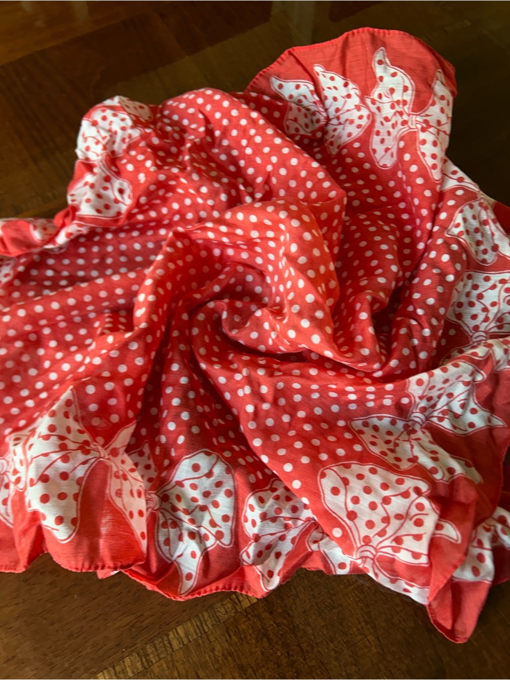 Red and White Polka Dot Floral Scarf 24“ x 24“ made in Japan 🇯🇵